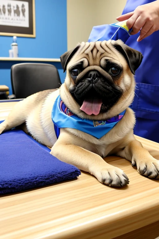  Pug dog with bandana around its neck is lying on a veterinary table Receiving a massage treatment from a female western nurse specializing in dog health setting canine veterinary clinic.

