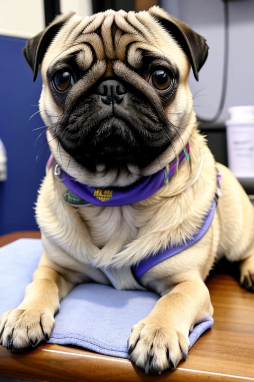  Pug dog with bandana around its neck is lying on a veterinary table Receiving a massage treatment from a female western nurse specializing in dog health setting canine veterinary clinic.


