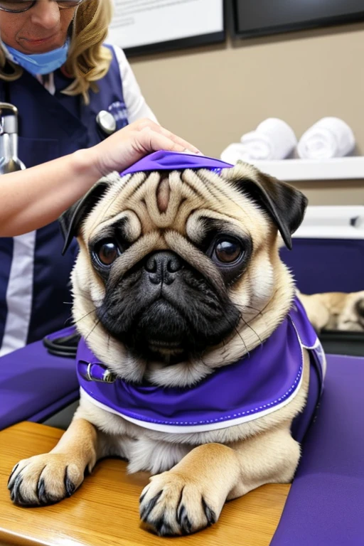  Pug dog with bandana around its neck is lying on a veterinary table Receiving a massage treatment from a female western nurse specializing in dog health setting canine veterinary clinic.

