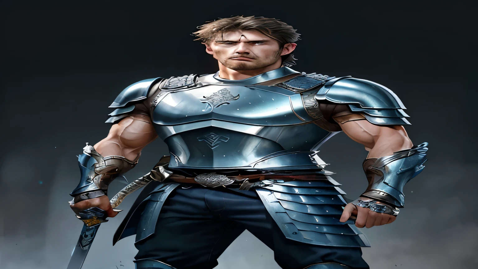 Masterpiece, highest quality, high resolution, solo, strong masculine warrior, standing tall, broad shoulders, muscular build, chiseled jawline, piercing blue eyes, sword in hand, armor made of shimmering steel, glistening with sweat from battle, veins popping out, determination etched on his face, ready for combat.