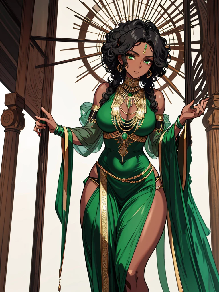 A woman with resplendent black skin, with curly black hair that forms a natural frame, displays emerald green eyes that capture attention. Her body features an elegant slim waist, robust thighs and a delicately , while wearing a stunning Grecian outfit that highlights her unique beauty.