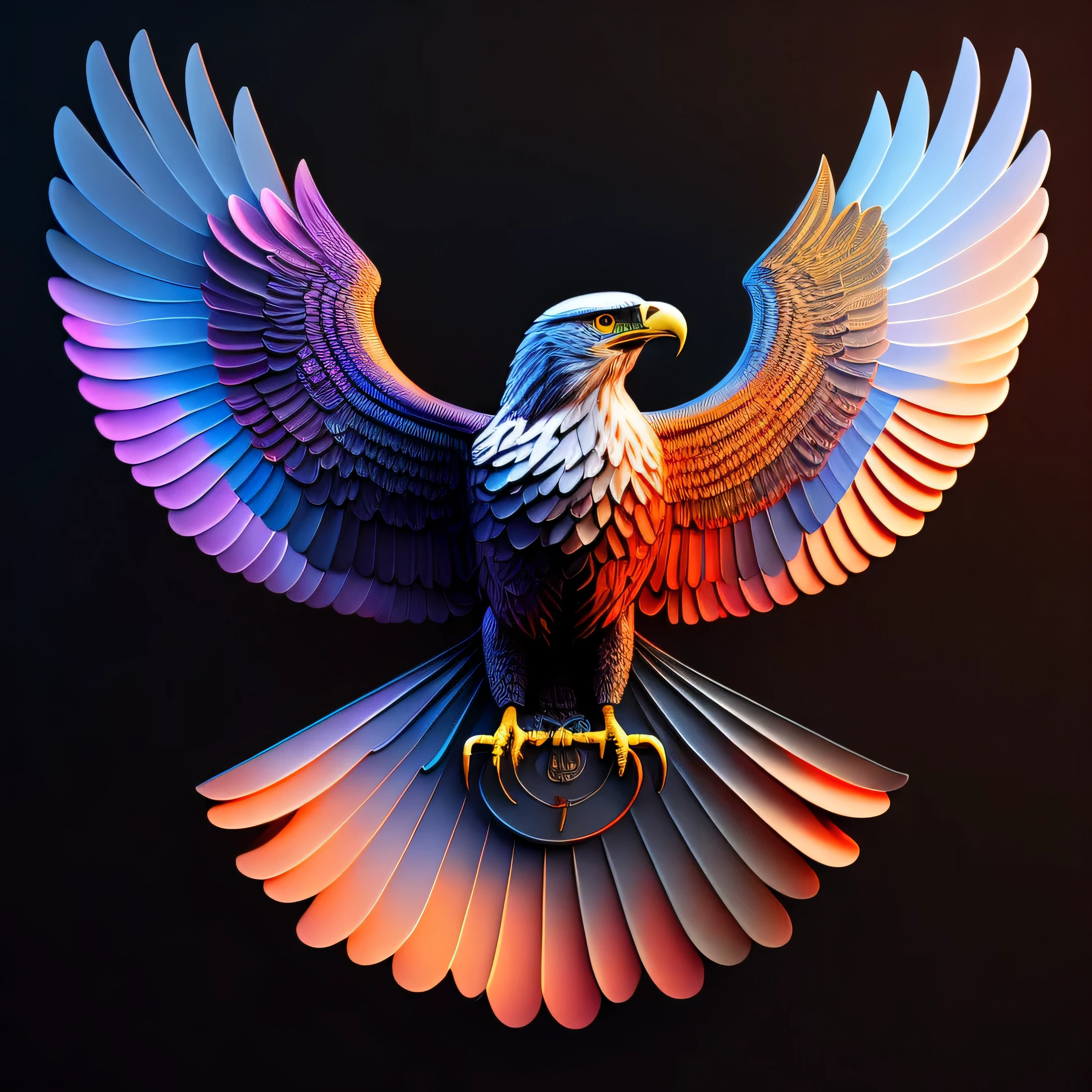 an eagle of the Roman Empire, wings outstretched, intricate and colorful, (digital painting:1.2) eagle, bright neon plumage, concept art, octane render, trending on artstation, neon-noir background, iolibt, vfx, Blender and Photoshop, octane render, excellent composition, cinematic atmosphere, dynamic dramatic cinematic lighting, aesthetic, very inspirational, arthouse,(dark plain black background:1.4))