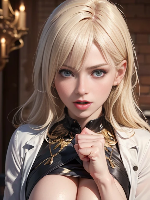 (best quality, 8k, highres, photorealistic:2.0), (solo, one girl:2.0),(lighting: front),(lighting: strong),(Russian Beauty:2.0),(platinum blonde hair:1.5),Blush brown makeup , dark eye makeup , use pink glossy lipstick,(Clothing that emphasizes cleavage),((big breasts)),(Hold your lightly clenched fist in front of your face:1.6),(open mouth),(put out tongue:1.3),(woman commanding the viewer to masturbate:1.5),