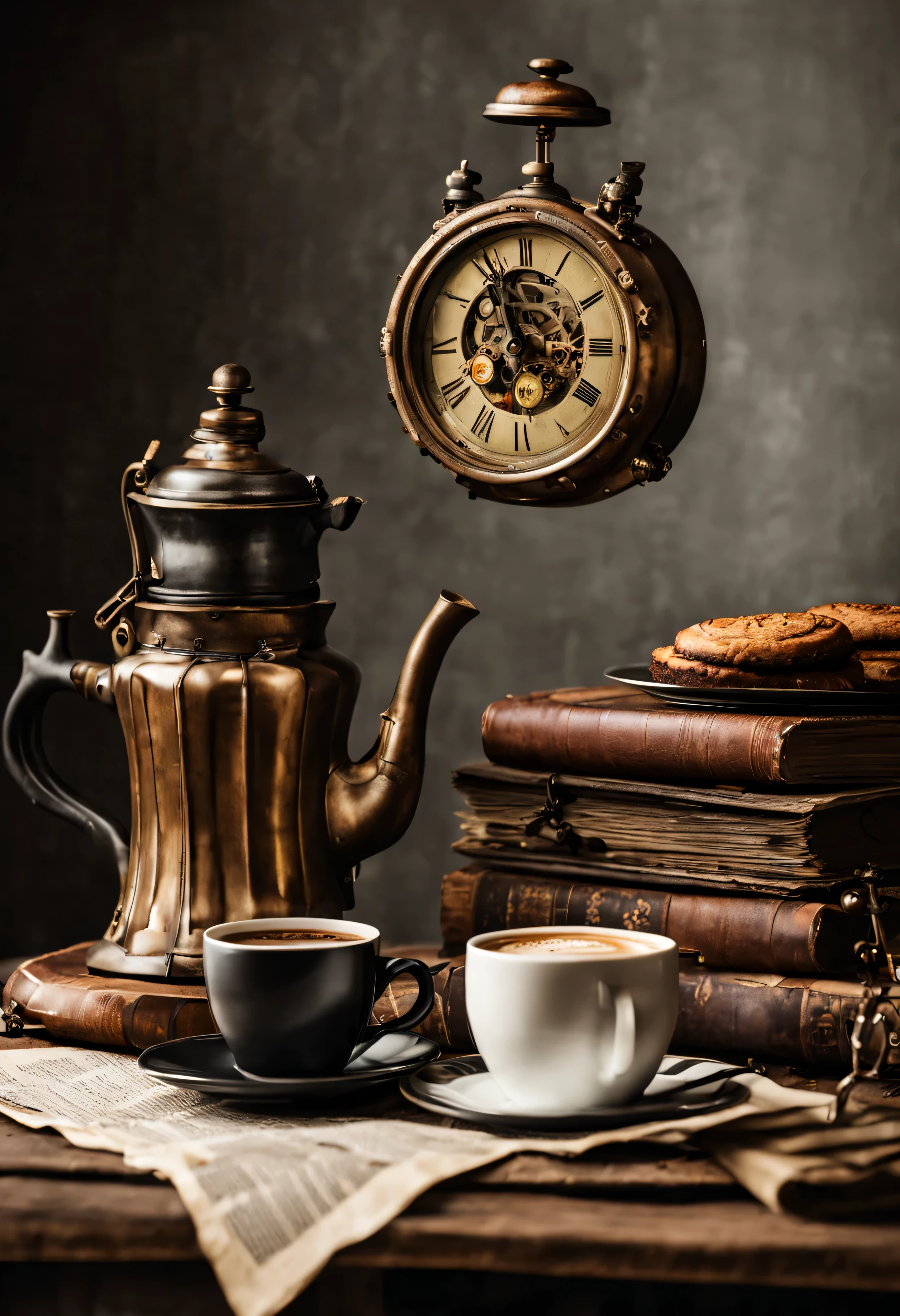 There is a steampunk clock and a coffee pot on a vintage table., old newspapers and books scattered, on which there is a cup of black coffee and a plate of cakes