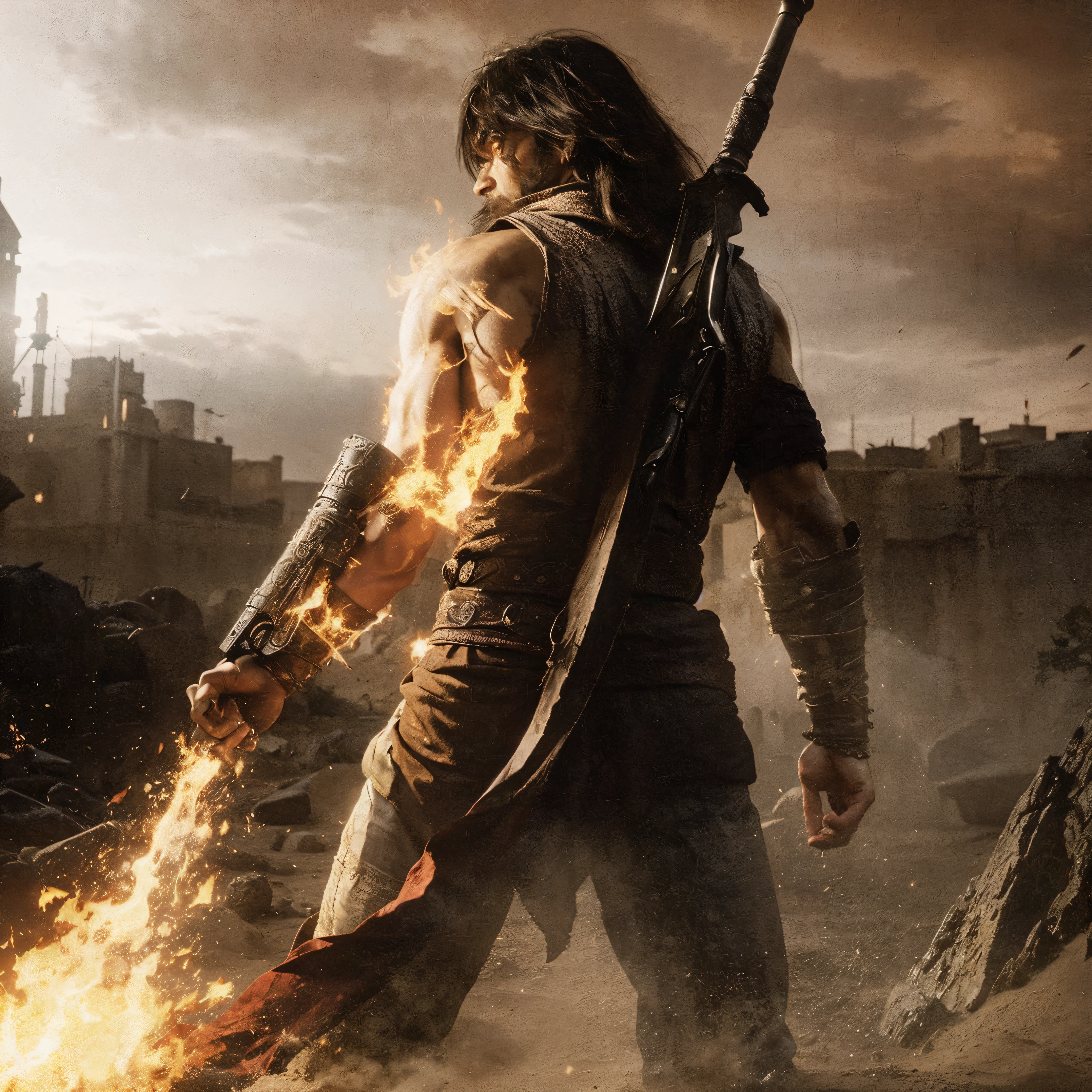 Man look like prince of persia, with fire arm, dangerous look, evening time, horror scene, sands, dark moment, long man hair's, anime style