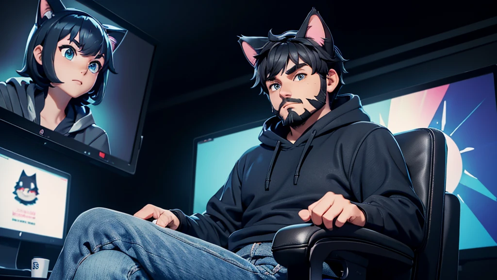 male husky, black eyebrows, topless, collar, round glasses, eyes closed, wide open mouth, green hair, (smile:1.1), intricate, sitting, gaming PC chair, bedroom, gaming PC setup, sitting at computer, ((penis focus)), penis towards viewer, cumshot, ((stroking penis)), penile masturbation, ((low-angle-view)), ((crotch shot)), masturbating, wearing gaming headphones, shooting cum, canine penis, knot, erection,aesthetic, 4k, photorealistic, professional art, masterpiece, in bedroom, intricate detail, [by pngx:sigma x:0.5], full body