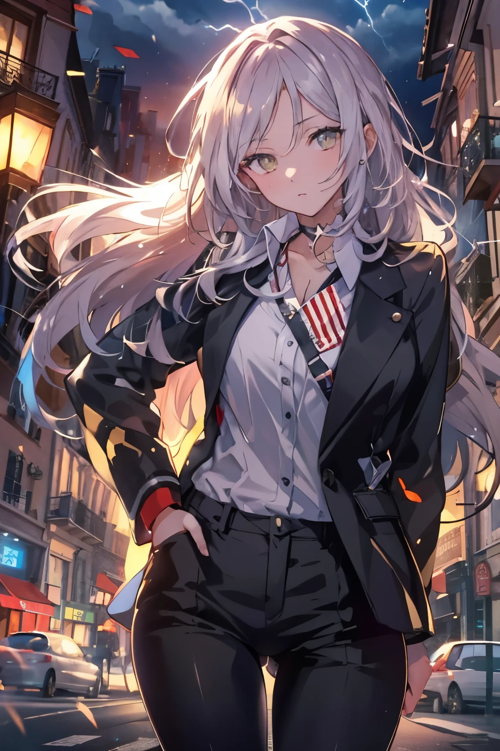(real:0.2)、anime illustration、1 girl、(((golden eyes))), black coat、、Paris、France、sfv、black pants、black office shirt、、carmen sandigo、、blue sky、、long hair、、dramatic lightning、Lamp light、epic lighting, light falling on face, The light from the rear window is backlit., Face Light, The face is illuminated, fill light, fill light, ((master piece)), (Carmen_Sandigo_v1-1_Shulik-2000:0.6) information, silver hair,