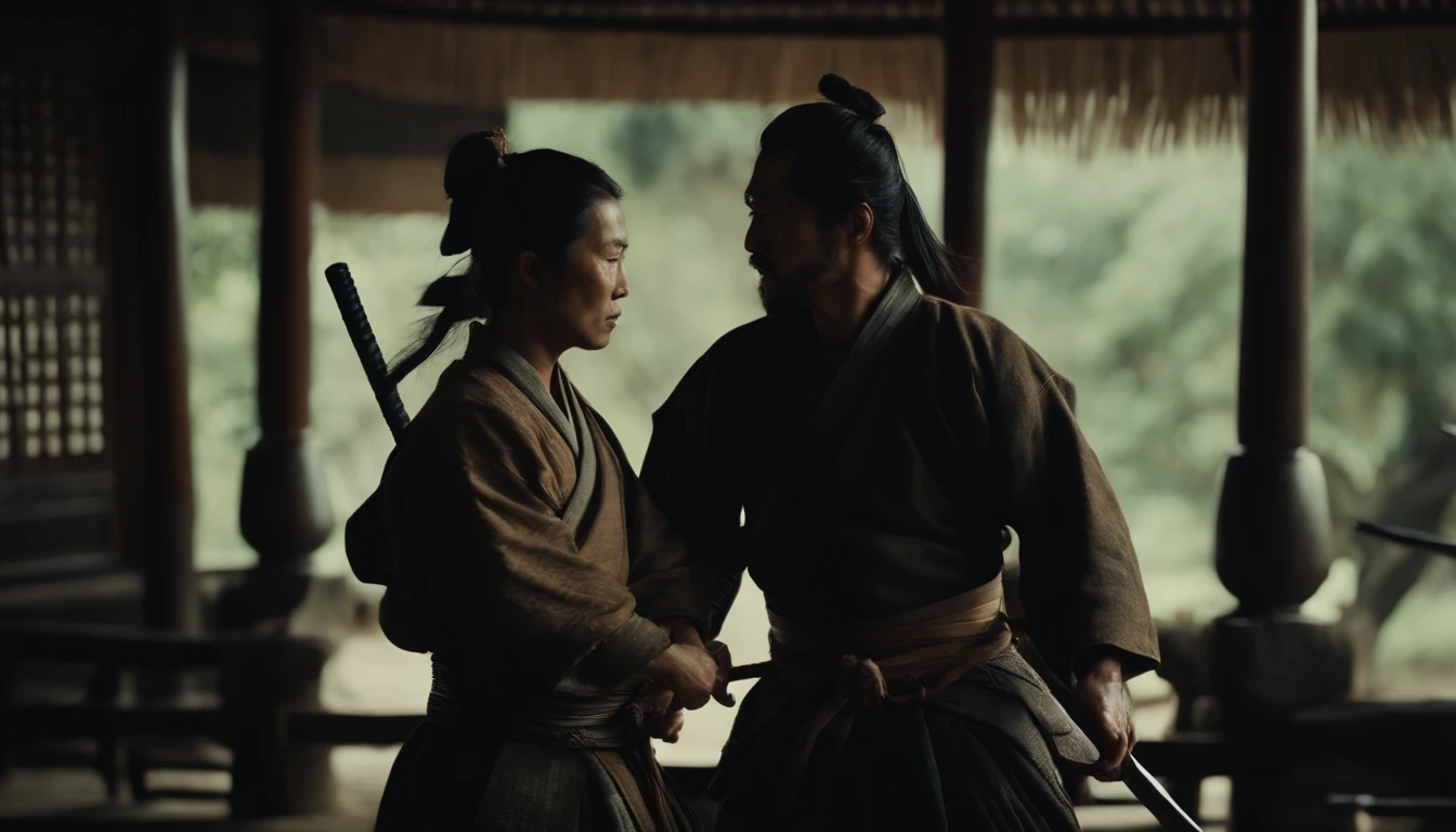 luta de dois samurais lutando, with various wounds on the body, em uma bela, ambiente deslumbrante