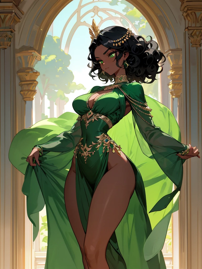 A woman with resplendent black skin, with curly black hair that forms a natural frame, displays emerald green eyes that capture attention. Her body features an elegant slim waist, robust thighs and a delicately , while wearing a stunning Grecian outfit that highlights her unique beauty.