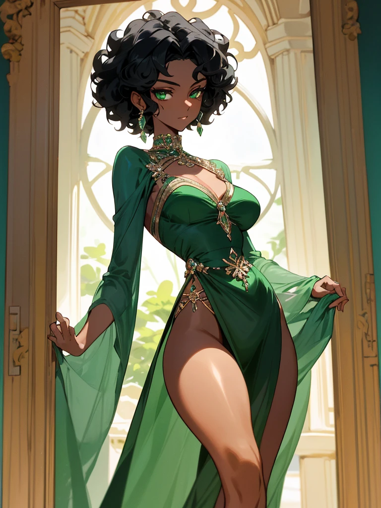 A woman with resplendent black skin, with curly black hair that forms a natural frame, displays emerald green eyes that capture attention. Her body features an elegant slim waist, robust thighs and a delicately , while wearing a stunning Grecian outfit that highlights her unique beauty.
