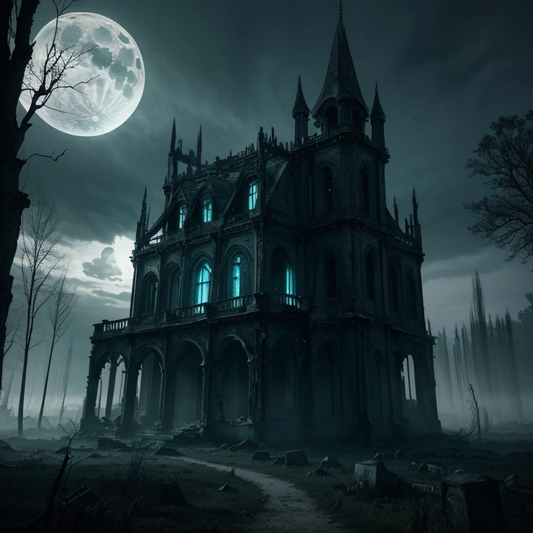(best quality,4k,8k,highres,masterpiece:1.2),ultra-detailed,(realistic,photorealistic,photo-realistic:1.37),eerie places,dark ambiance,haunting atmosphere,foreboding landscapes,menacing silhouettes,creepy stillness,abandoned locations,mysterious structures,ominous shadows,surreal imagery,ghostly presence,distant whispers,unearthly fog,gothic architecture,misty moonlight,mystical ruins,enigmatic symbols,otherworldly portals,ethereal glow,whispers of the unknown,spooky trees and branches,whispering wind,spectral figures,crumbling walls and decayed facades,rumored haunted houses,desolate haunted forests,ominous stormy skies,dreadful silence,haunting secrets,lurking dangers, unsettling sense of unease.