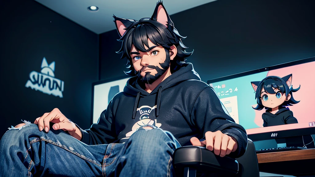 cat ears instead of regular ears, 30 years old, sitting in a gaming chair, male, wearing blue long jeans and a black hoodie, really thick beard, black short hair, with Pokémon on the computer screens in the background