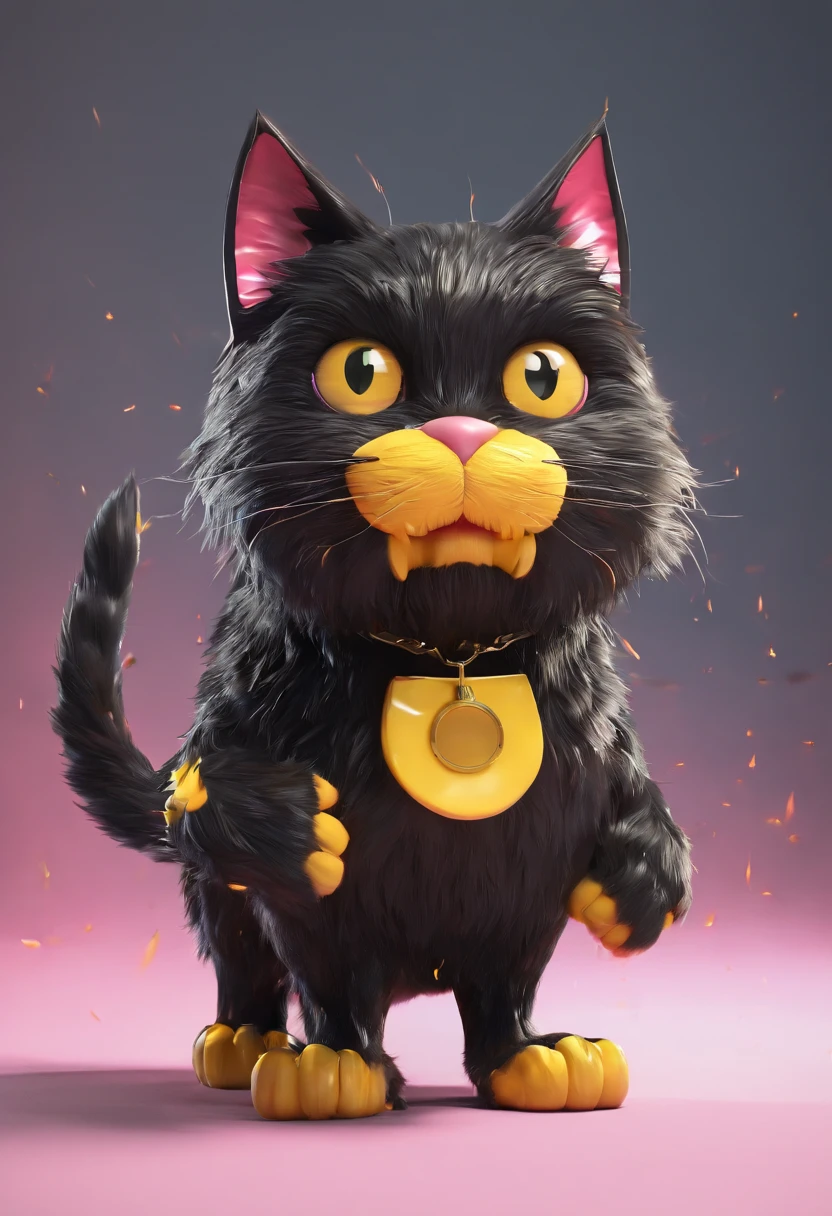 Creates a black cat with yellow eyes and shaggy fur, Ferocious cat, have a microphone.