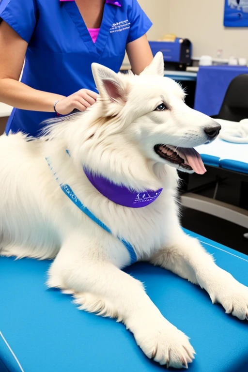 White furry collie dog with bandana around its neck is lying on a veterinary table Receiving a massage treatment from a woman western nurse specializing in dog health setting canine veterinary clinic.