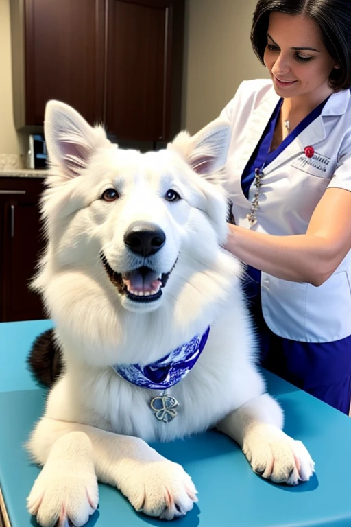  White furry collie dog with bandana around its neck is lying on a veterinary table Receiving a massage treatment from a woman western nurse specializing in dog health setting canine veterinary clinic.

