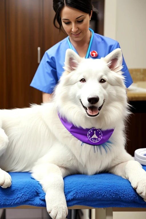 White furry collie dog with bandana around its neck is lying on a veterinary table Receiving a massage treatment from a woman western nurse specializing in dog health setting canine veterinary clinic.