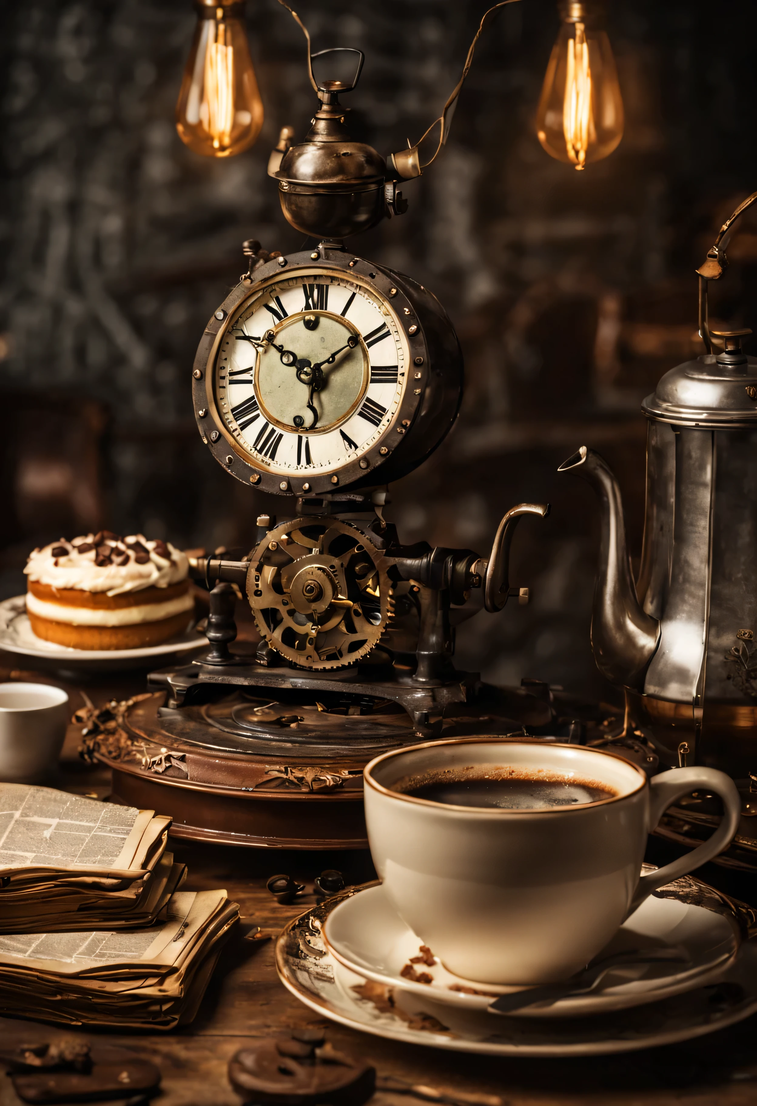 There is a steampunk clock and a coffee pot on a vintage table., old newspapers and books scattered, on which there is a cup of black coffee and a plate of cakes, high detail, good lighting