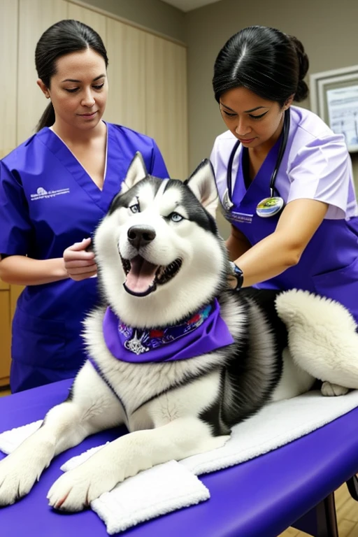  Siberian husky dog with bandana around its neck is lying on a veterinary table Receiving a massage treatment from a female western nurse specializing in dog health setting canine veterinary clinic.

