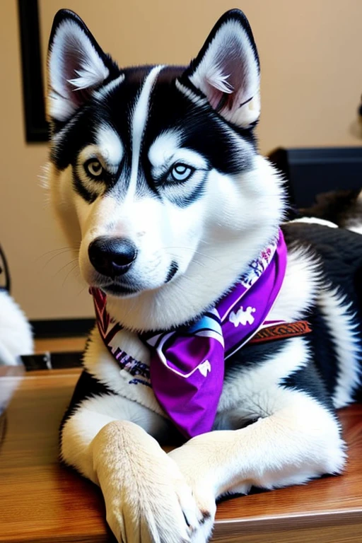  Siberian husky dog with bandana around its neck is lying on a veterinary table Receiving a massage treatment from a female western nurse specializing in dog health setting canine veterinary clinic.

