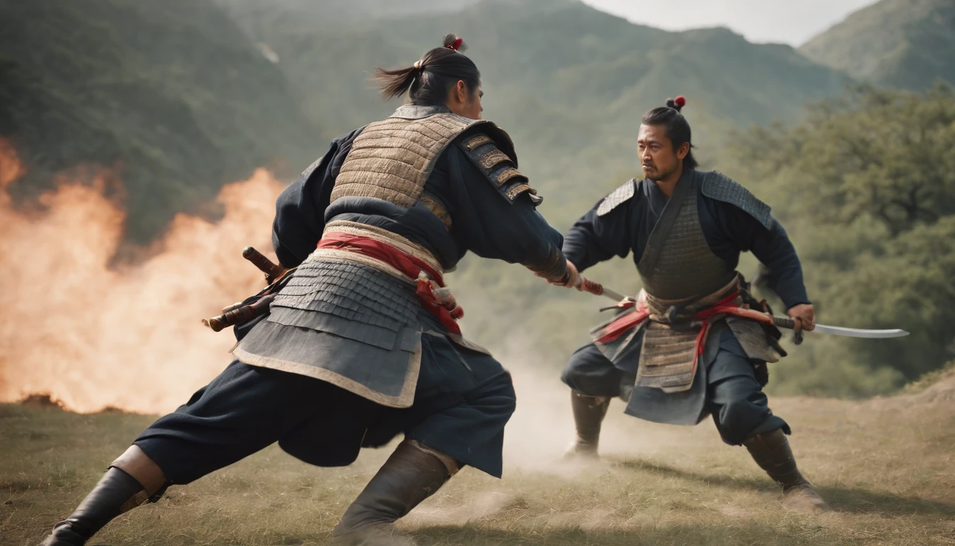 (best quality,realistic:1.37),detailed samurai fight,wounded samurais,breathtaking environment,extensive battle scars,mid-air combat,dynamic poses,detailed armor,frantic sword strikes,stunning landscape,harmonious composition,dramatic lighting,highly detailed textures,vivid colors,traditional Japanese setting,warrior spirit