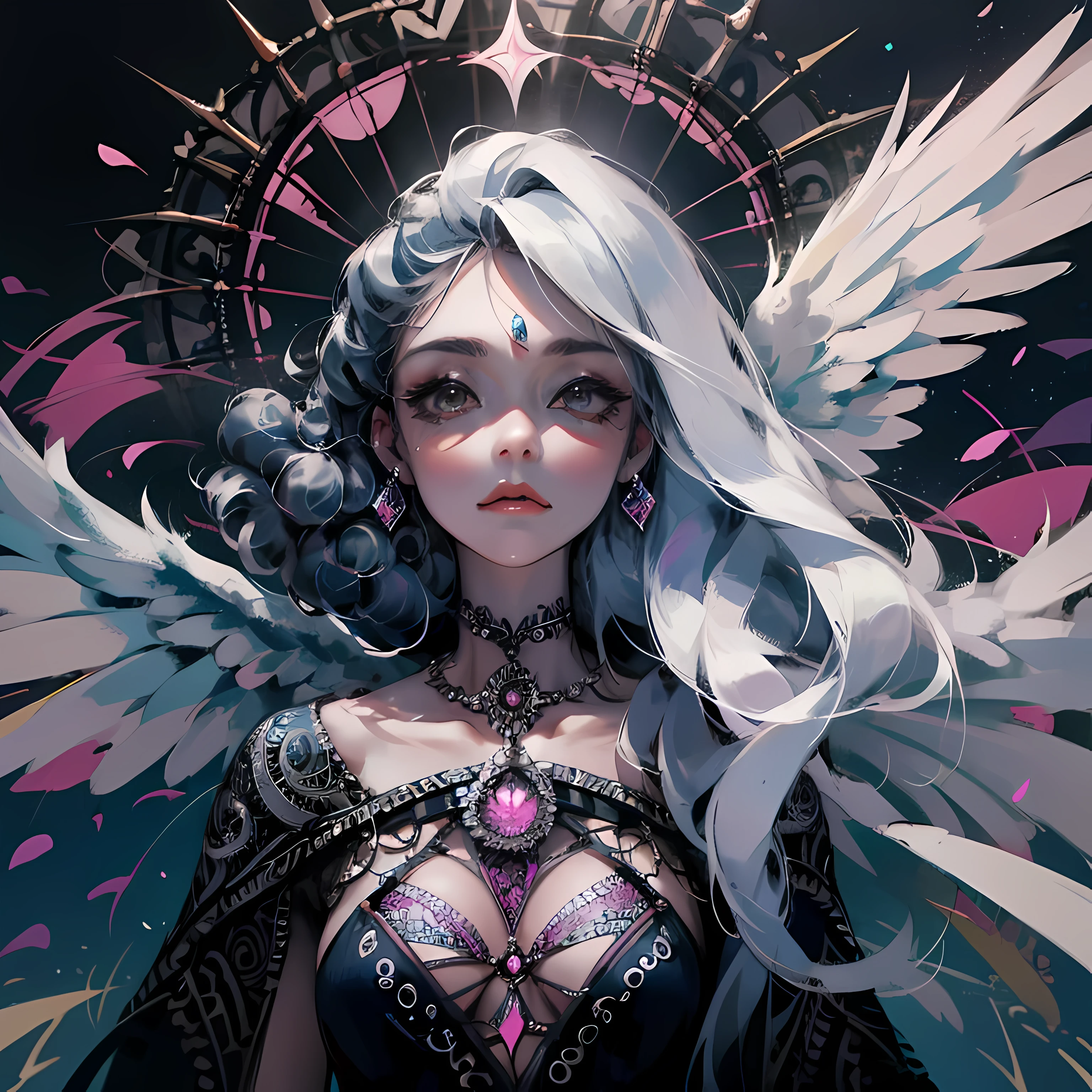 Maximalism:1.5),(absurdres:1.5), (highres), (best quality:1.1), (ultra-detailed:1.1), (an extremely delicate and beautiful), 1 girl, beautiful face, (detailed face), best quality, portfolio, angel、Crystal clear white hair、Longhaire、flat breast、White Gothic dress、Wings of an angel on the back、White sky、high-level image quality、glitter、(Zentangle:1.5), (kaleidoscope:1.2