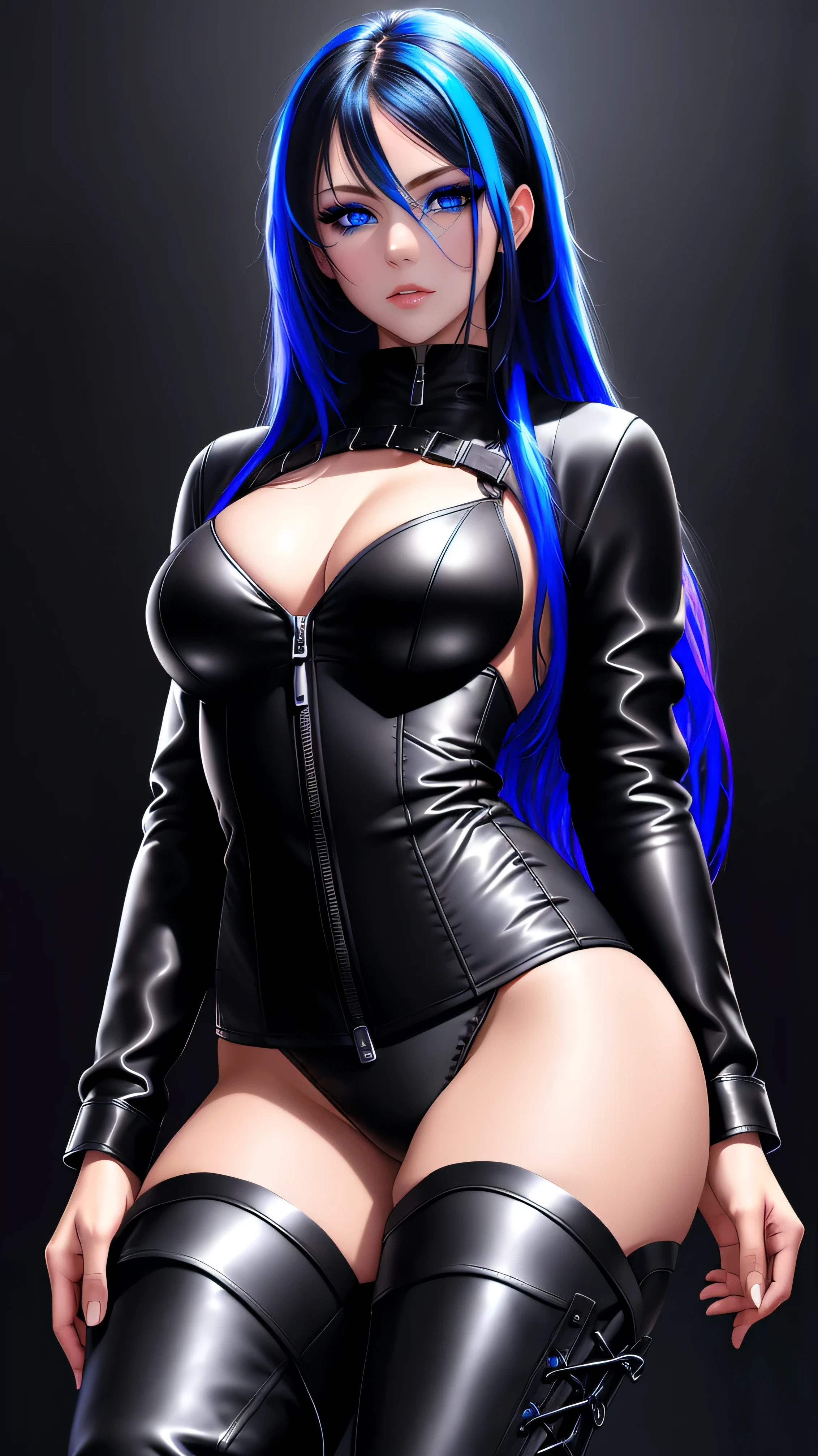 beautiful girl, full body, bright blue neon streaked dishevelled hair, ((large light realistic detailed eyes:1.3)), ((seductive pose:1.5)), black eyeshadow, (street style wear:1.2), ((tight fitted panties)), ((thigh high leather boots:1.3)),  ((dark plain black background:1.4)), dark makeup, digital art, trending on artstation, highly detailed, fine detail, intricate, beautiful detailed glow, detailed, Cinematic light, high-res, detailed facial features, sharp focus, smooth, aesthetic,