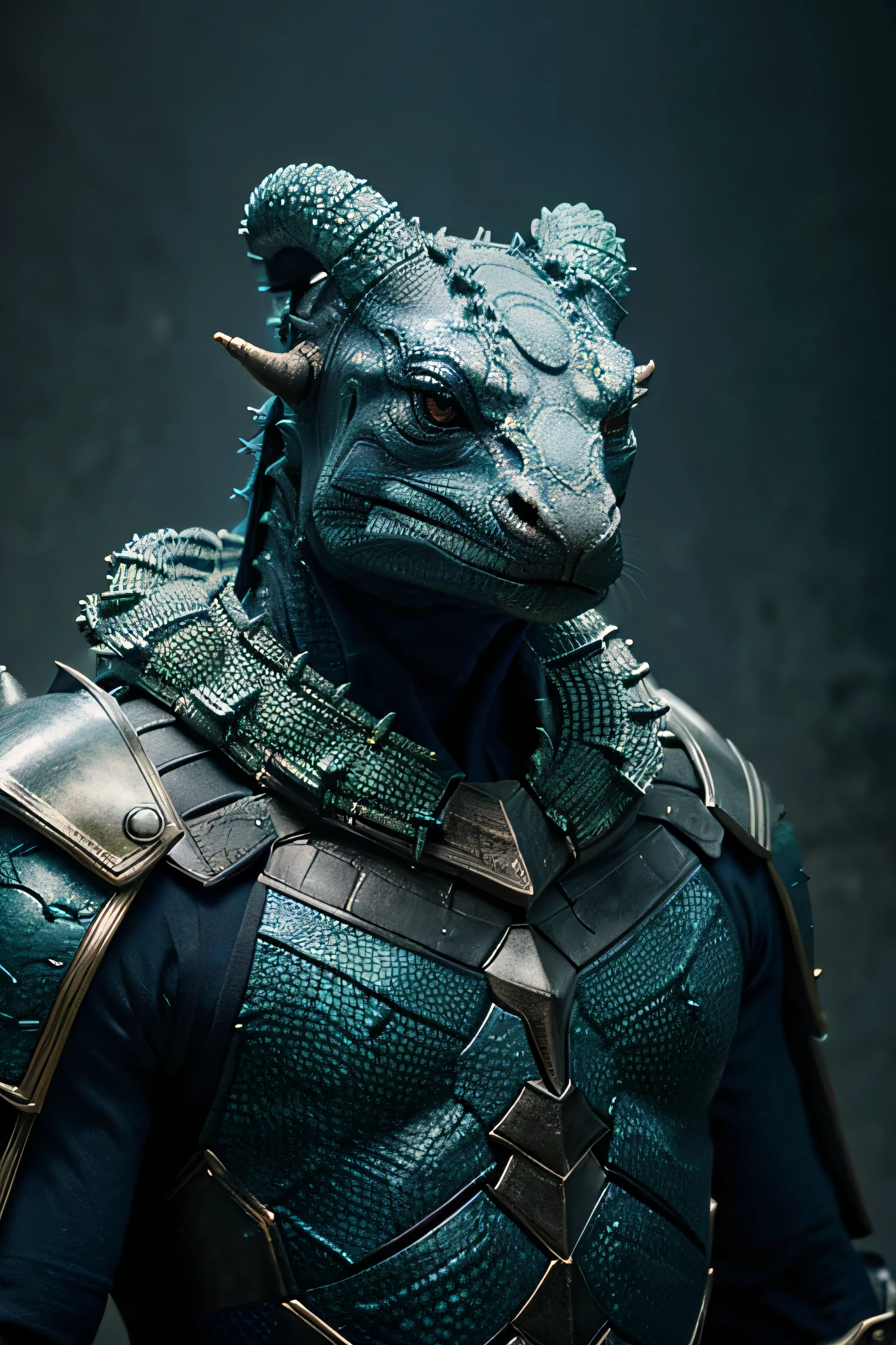 fking_scifi anthropomorphic Komodo Dragon King. Show the whole body. The skin color is blue-green. The presence of horns on the head. Armor with intricate details. Rich in scale texture. Professional studio shots. Ultra-realistic, intricate details