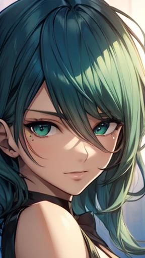 highest quality,　Highest image quality,　masterpiece,　tamaki, green hair, green eyes, mole under eye, 