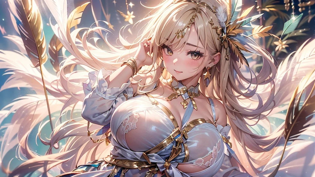 過去最高のmasterpiece、beautiful美しさ, 3D two-dimensional, rich, blonde, skirt, stockings, high heels, star、(Highly detailed CG Unity 8K wallpaper),(masterpiece), (最高quality), (Super detailed), (best work),(best shadow), (sharp eyeliner, eye shadow, fine eye:1.1), (超High resolution,realistic,最高quality,realistic),(8K,RAW photo,最高quality,star),mature woman、sensual curves、huge breasts、thighs、bubble、お尻のmasterpiece, 最高quality, Super detailed, full body shot, mature woman, beautiful mature woman, nightgown and underwear, enchanting smile, thick lips, Chubby lips, blush, looking at the viewer, provocative expression, beautifulhair型, cleavage, Plump、curvy hips、attractive face、sexy lingerie、an inviting gaze、Expression of emotions、Lewd underwear、(((erotic see-through lingerie set)))、Standing position、gorgeous accessories 、big breastsの女性, bare shoulders, 金色のhair, colored feather, metal ornaments, colored flowers, particle, light, (masterpiece, 最高quality, 最高quality, official art, beautiful and aesthetic:1.2), (1 girl:1.3), very detailed,(fractal art:1.1),(colorful:1.1)、(flowers:1.3),most detailed,(zentangle:1.2), (dynamic pose), (abstract background:1.3), (shiny skin), (lots of colors :1.4), ,(earrings:1.4), (feather:1.4),masterpiece, 最高quality, Super detailed, 30~40 years, full body shot, beautiful 、さまざまなhair型，gold headband，plump breasts，beautiful，greek clothing，Tulle covers the breasts，perfectly proportioned, detailed clothing details,marble，god statue，cinematic lighting, film grain, 8K, masterpiece, Super detailed, high detail, 高quality, High resolution,(((NSFW:1.2)))、exposed chest、Openwork decoration，(((see through dress)))、(((解剖学的に正しいbody))) , 最高quality, Super detailed, (((Lewd underwear)))、raise your butt, from below, (((R-18)))、thighs, big breasts, Are standing, cowboy shot, blush, (((1 girl))), (masterpiece:1.3), (High resolution), (8K), (very detailed), perfect face, Nice eye and face, (((最高quality))), (Super detailed), detailed face and eye, (alone), beautifuleye,(((sexy pose)))、(((整ったbig breasts)))、((beautiful eye))、luxury、(((超High resolution)))、(((detailed description)))、(((ぽっちゃりbody型)))、(((解剖学的構造に一致したbodyの部位)))、beautiful長いまつ毛、バランスのとれたbody型,2 feet、Just the right size for your legs and arms、Fishnet tights、glamorous、(((Clear white and black eye)))、lipstick、Sparkling、(Undistorted face, eye, body)、jewelry、gem、(長くカールしたbeautifulまつ毛)、(((バランス良いbeautiful胸)))、(transparent, Exquisite skin:1.2)、(((完璧なglamorousボディー)))、actress face、Super beautiful、Cute smile、Healing beauty、Flower shower、完璧なeye、realistic depiction、Super sexy、glossy、Glamorous、double eyelids、Good dark makeup、makeup、ぼやけていないeye , expensive_quality, expensive_solve, masterpiece*I wore, whitespace, colorful, 1 girl, alone, white_hair, prism hair, [pink|green] eye, gradient eye, multicolored eye, shine eye, shine, Sparkling, shine white particles, wind lift, full_body, Severe,