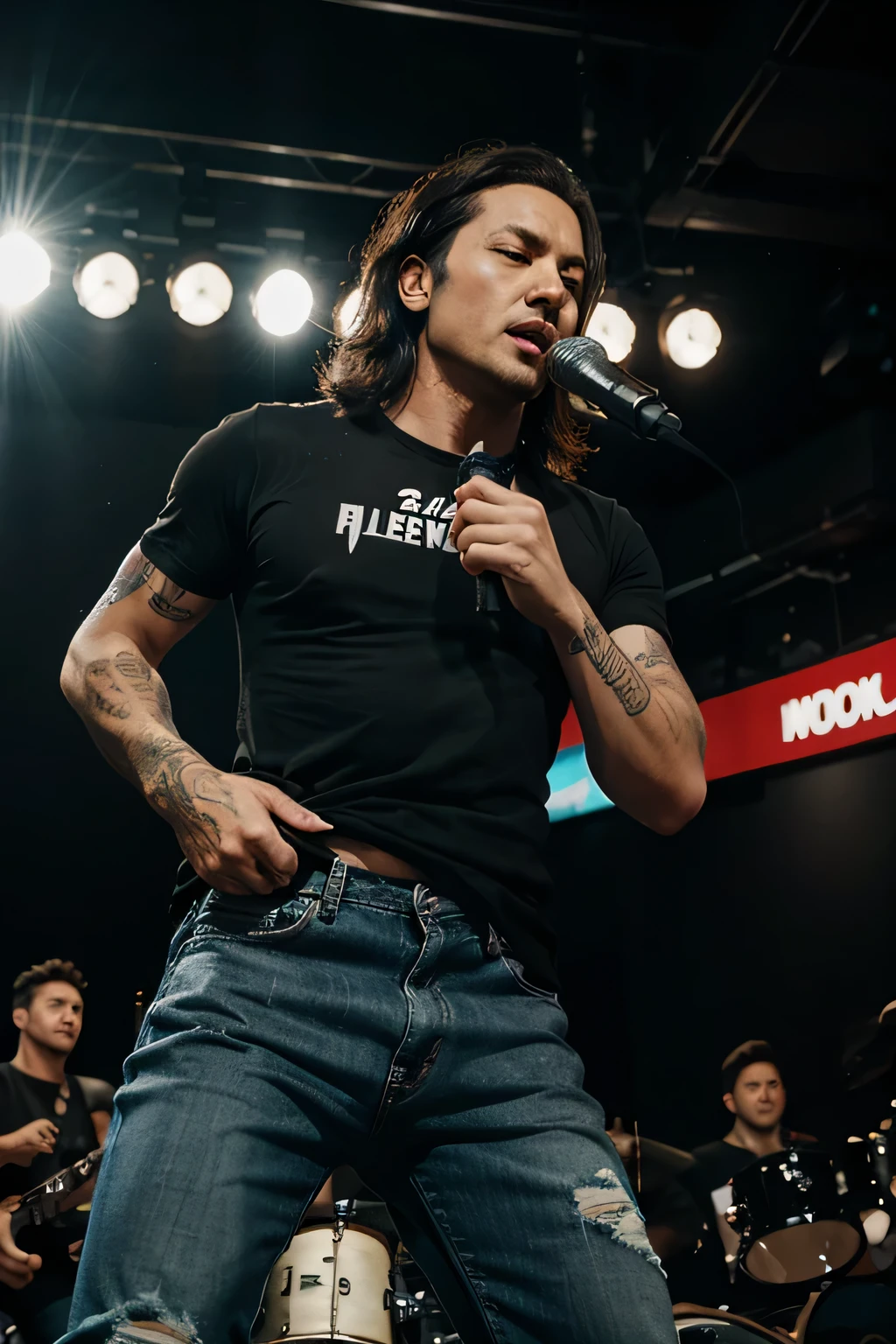 male rock singer, 40 years old, look like a man, Hold the microphone., there'There's a band in the background.., Asia,The tattoo is on.., Black t-shirt, hooded pants, ripped jeans, trousers, sing