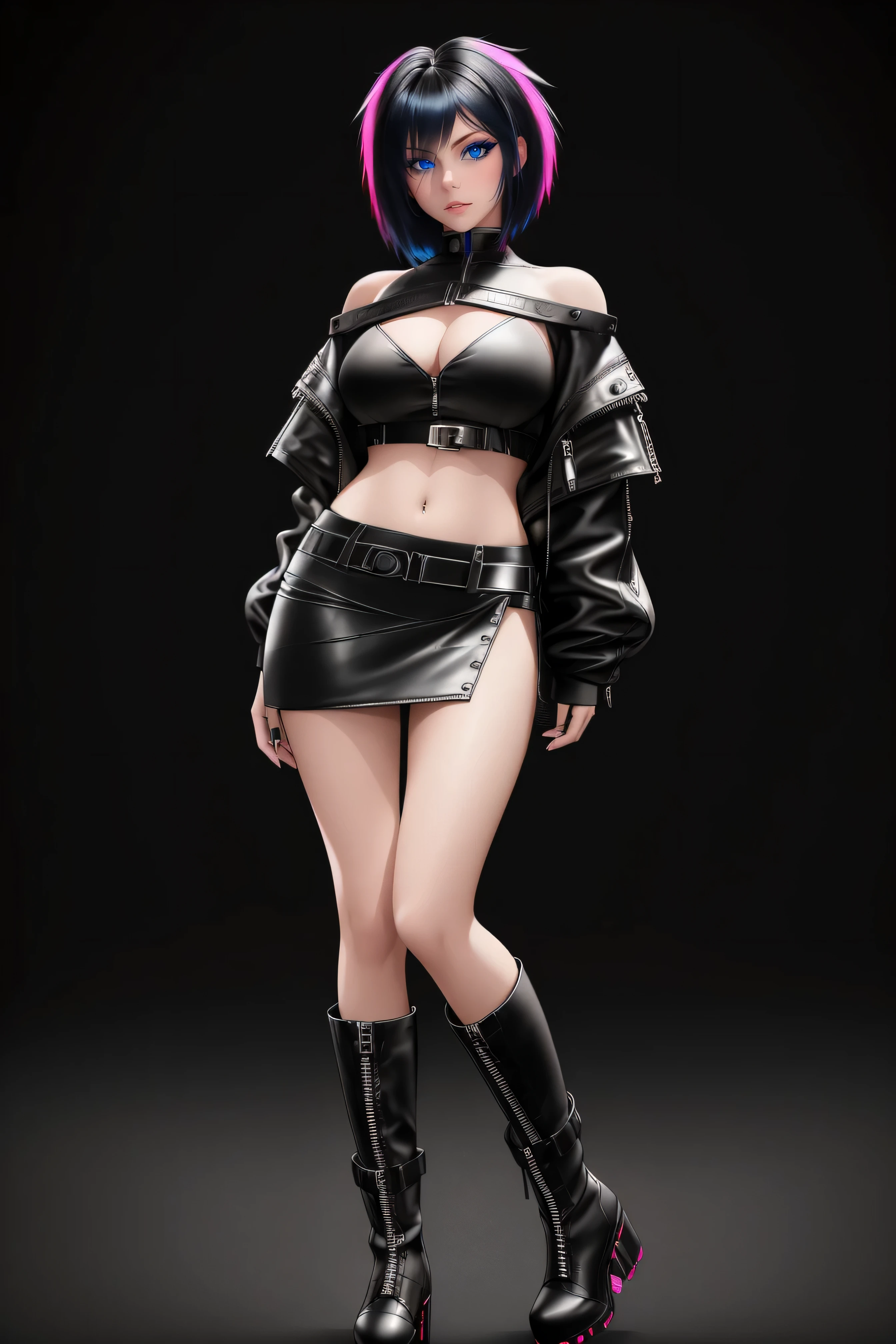 beautiful girl, ((standing:1.4)), (confident gaze:1.1), full body, short bright neon streaked black hair, ((realistic highly detailed eyes:1.4)), ((seductive pose:1.2)), black eyeshadow, (street style wear:1.2), ((short skirt)), ((knee high leather boots)), ((dark plain black background:1.4)), dark makeup, digital art, trending on artstation, highly detailed, fine detail, intricate, detailed facial features, sharp focus, smooth, aesthetic,