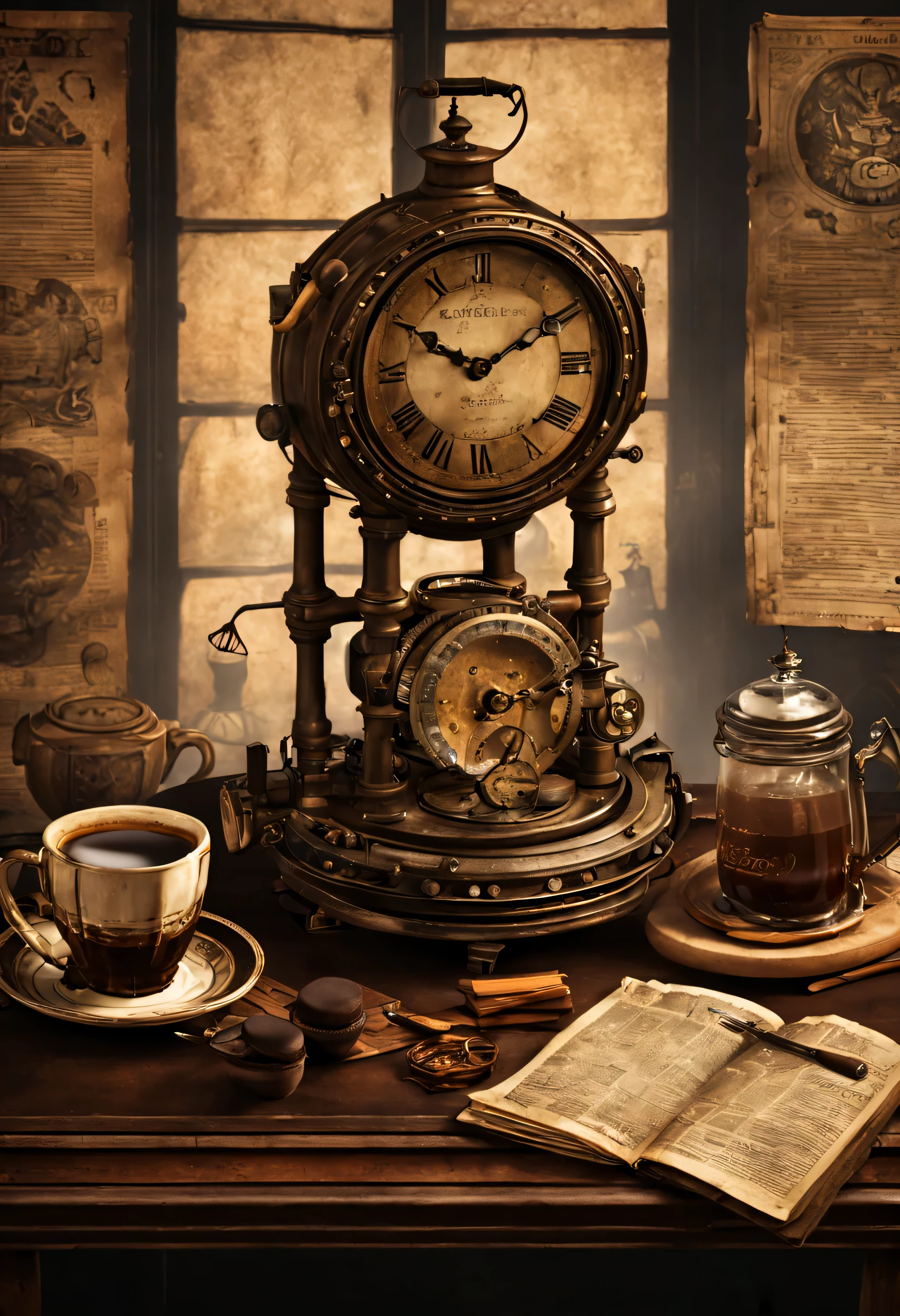 There is a steampunk clock and a coffee pot on a vintage table., old newspapers and books scattered, on which there is a cup of black coffee and a plate of cakes, high detail, good lighting
