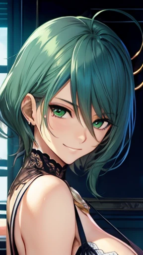 highest quality,　Highest image quality,　masterpiece,　tamaki, green hair, green eyes, mole under eye, smirk