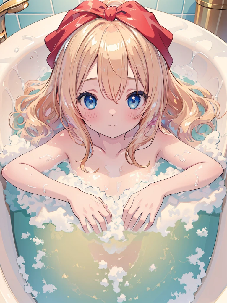 (,relax, elaborate Bathtub covered with Fluffy foam, from right above, high resolution, masterpiece, 8k, ultra-detailed:1.4), 1girl, Japanese idol, 14 years old, , kawaii, peerless cute girl, take a bath, completely nude, photo realistic, photo realistic, photo realistic, (masterpiece,best quality:1.4),(8k,raw photo,photo realistic:1.2),Not Safe for Work, detailed skin, detailed face, cute face, , (raw photo, photo realistic: 1.2), masterpiece, top-quality, (Face out of the bathtub. , :1.2),
((lying on stomach)))),blue eyes, happy, red blush, medium bob, blonde hair, towel bandana, ((shiny wavy hair)), head rest, , , Face focus,