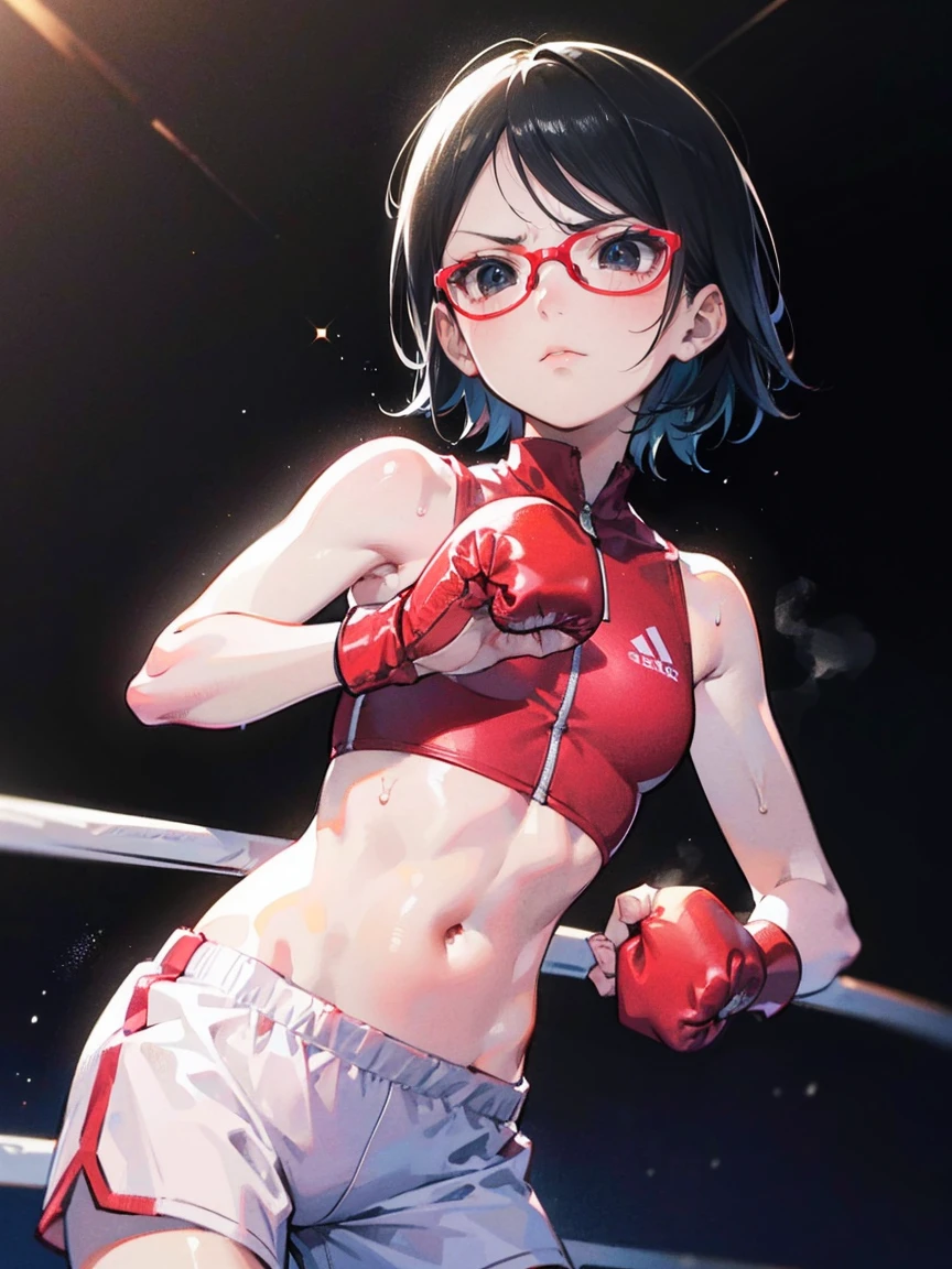 (Original), (very detailed wallpaper) , (best quality) , (work of art) ,struggling posture, artistic dedication, very detailed illustrations, (1 girl) , beautiful eyes, (Delicate Face) , perfect detail, (best lighting ), (super complex details), ((Alone, Sarada Uchiha, wearing glasses, short hair, serious facial expression, Staring, confident)), (aggressive punch) , sweat, Heavy breathing, (oppressive attack) , (Boxing ring ), athletic shorts, perfect detail, perfect fingers, perfect limbs, impact, (glowing skin), abdomen, fitness, muse, posing, photo shoot, artistic shoot, fascinating, charming, waist, boxing shorts, fight, black hair , short hair, short Black hair, 4k, black eyes, (magnificent,detailed: 1.2) , (8k: 1.2) , splendid,charming,invent,Small