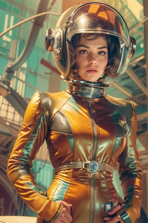 retro color work、Raw photo,Best Quality, master piece,high resolution,detailed,(Photorealsitic:1.4),Well-defined contours,1950retrofuturism、1950s retro science fiction drama、wore a strange helmet、50&#39;s retro-futuristic fashion clothes,young woman、perfect face、beautiful ,(50&#39;s retro-futuristic fashion clothesを着た(male))、sunlight,realistic shadow,realistic wilderness background,cinematic lighting, and 50&#39;s retro-futuristic robots、Robby the Robot、Buck Rogers、Flesh Gordon、BARBARELLA、Forbidden Planet、Lost in Space