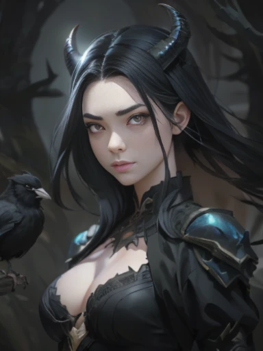 a woman with horns and a bird on her shoulder, por Yang J, arte de estilo fantasia sombria, Modelo IG | artegerm, artegerm and ruan jia, extremely detailed artegerm, ruan jia and artegerm, artegerm and rossdraws, artegerm. anime illustration, por Fan Qi, artegerm. alto detalhe