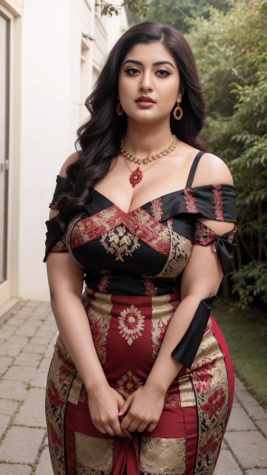 Shrabanti Chatterjee bengali beautiful actress sexy curvy plus size huge figure woman in a different red black yellow color Off-shoulder Dress, different Type standing position, manga mala necklace ornament in necklace for wedding, Head Jewelry for wedding, busty, small curvy, mid body shot, round belly, thick body, outdoor village background, Aegis Amaterasu Embroidery, head to Thai view, big m-cup huge breast.