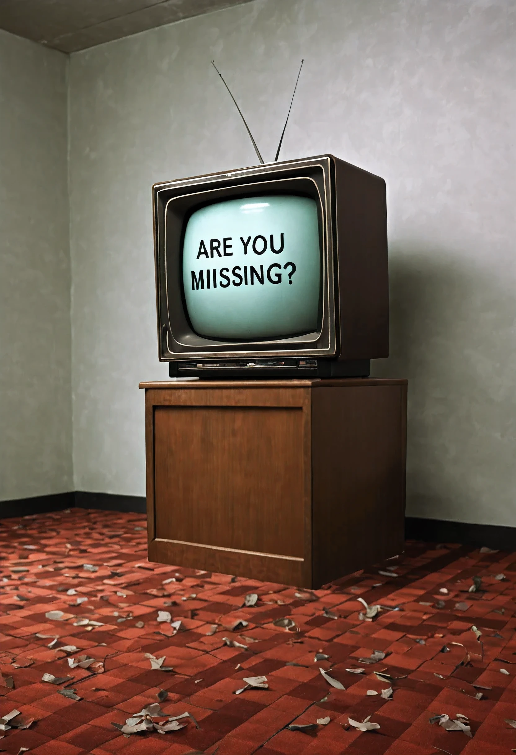 the word "ARE YOU MISSING?" on the old television at empty office, checkered carpet, 1970s liminalspace, red carpet, eerie feeling, w0k illuminate