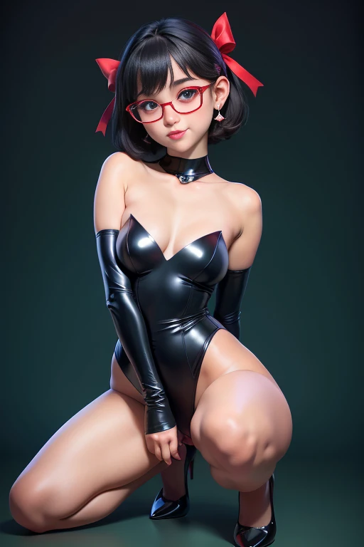 1girl, cute japanese girl, big eyes, sensual face, seductive smile, solo, stylist short hair, naked, spread legs, neon blue eyes, double eyelids, , red sensual lips, perfect round breast, small breast, erotic, nsfw, glasses, blush, seductive smile, cute face, looking at viewer, sexy pose, bright green flat background, dark black hair, simple background, sexy pose, lips, closed mouth, ribbon, hair ribbon, stellar earings, bangs, full body, parted bangs, red ribbon
