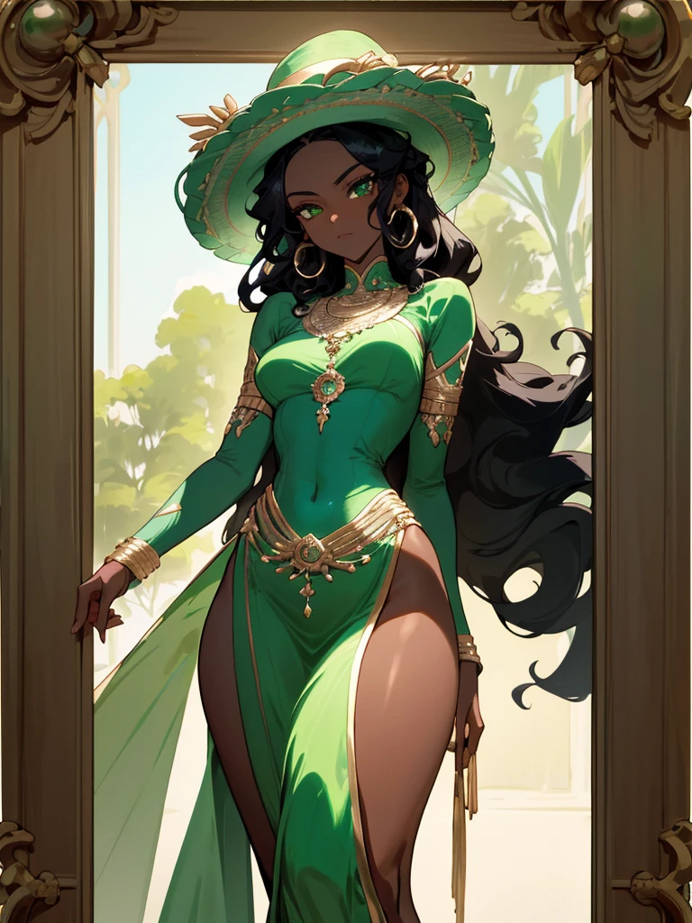 A woman with resplendent black skin, with curly black hair that forms a natural frame, displays emerald green eyes that capture attention. Her body features an elegant slim waist, robust thighs and a delicately , while wearing a stunning Grecian outfit that highlights her unique beauty.