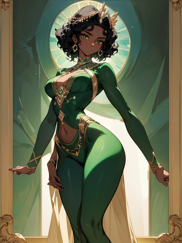 A woman with resplendent black skin, with curly black hair that forms a natural frame, displays emerald green eyes that capture attention. Her body features an elegant slim waist, robust thighs and a delicately , while wearing a stunning Grecian outfit that highlights her unique beauty.