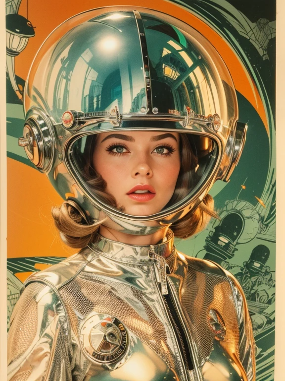 retro color work、Raw photo,Best Quality, master piece,high resolution,detailed,(Photorealsitic:1.4),Well-defined contours,1950retrofuturism、1950s retro science fiction drama、wore a strange helmet、50's retro-futuristic fashion clothes,young woman、perfect face、beautiful ,(50's retro-futuristic fashion clothesを着た(male))、sunlight,realistic shadow,realistic wilderness background,cinematic lighting, and 50's retro-futuristic robots、Robby the Robot、Buck Rogers、Flesh Gordon、BARBARELLA、Forbidden Planet、Lost in Space