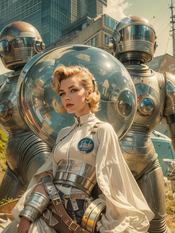 retro color work、Raw photo,Best Quality, master piece,high resolution,detailed,(Photorealsitic:1.4),Well-defined contours,1950retrofuturism、1950s retro science fiction drama、wore a strange helmet、50's retro-futuristic fashion clothes,young woman、perfect face、beautiful ,(50's retro-futuristic fashion clothesを着た(male))、sunlight,realistic shadow,realistic wilderness background,cinematic lighting, and 50's retro-futuristic robots、Robby the Robot、Buck Rogers、Flesh Gordon、BARBARELLA、Forbidden Planet、Lost in Space