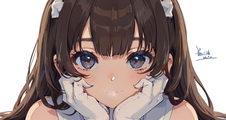 masterpiece, Best quality;1.3), ultra detailed, 1 girl, One, smile,  Looking at the viewer, White background, girl with long brown hair , without bangs bangs, Grey eyes, white wide dress, White gloves