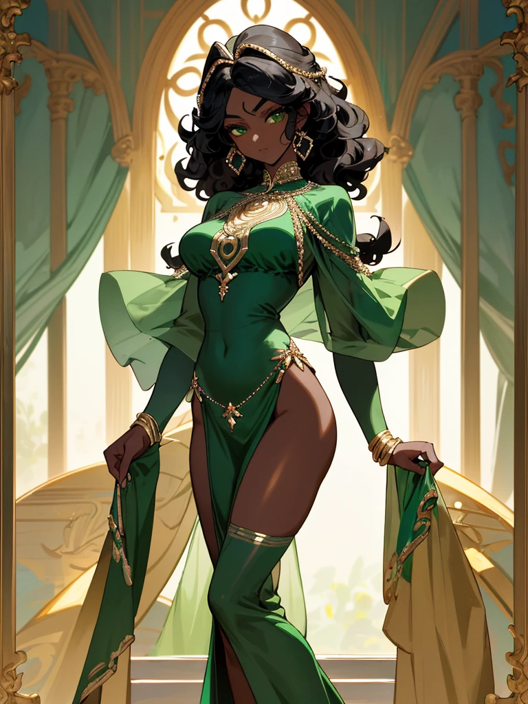 A woman with resplendent black skin, with curly black hair that forms a natural frame, displays emerald green eyes that capture attention. Her body features an elegant slim waist, robust thighs and a delicately , while wearing a stunning Grecian outfit that highlights her unique beauty.