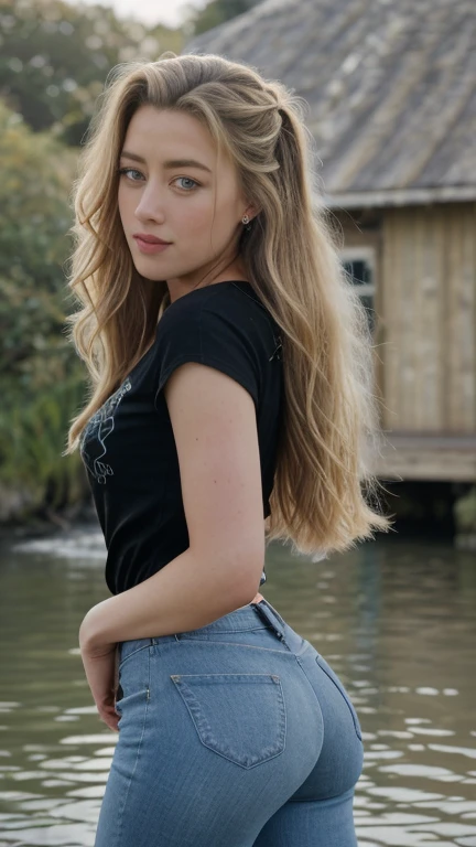 realistic photo of ((Amber Heard)), highres, masterpiece, 1girl, solo, best quality, realistic, long blonde hair upsweep, ((round eyes)), lagoon, outside,  jeans, black t-shirt, sexy figure, (Sexy woman), (long hair), (30 years), smile, excited, 4K, HDR.
