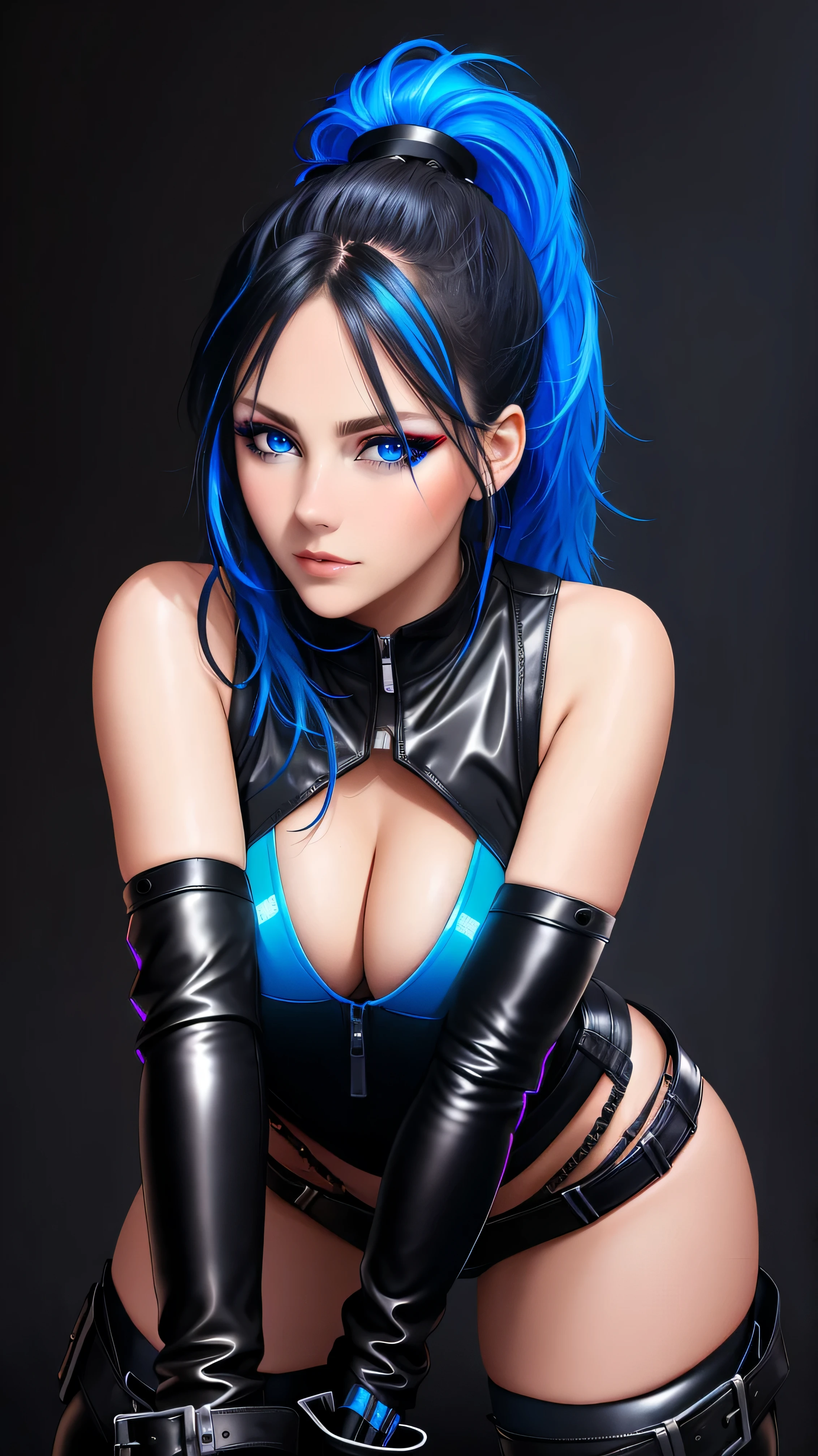 beautiful girl, full body, bright blue neon streaked dishevelled hair, ((large light realistic detailed eyes:1.3)), ((seductive pose:1.5)), black eyeshadow, (street style wear:1.2), ((tight fitted panties)), ((thigh high leather boots:1.3)),  ((dark plain black background:1.4)), dark makeup, digital art, trending on artstation, highly detailed, fine detail, intricate, beautiful detailed glow, detailed, Cinematic light, high-res, detailed facial features, sharp focus, smooth, aesthetic,