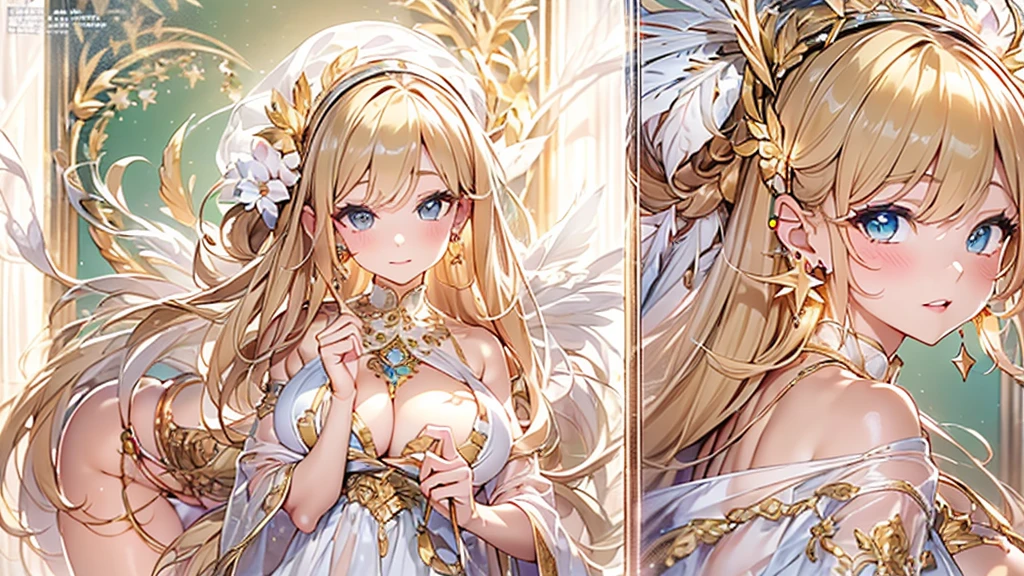 過去最高のmasterpiece、beautiful美しさ, 3D two-dimensional, rich, blonde, skirt, stockings, high heels, star、(Highly detailed CG Unity 8K wallpaper),(masterpiece), (最高quality), (Super detailed), (best work),(best shadow), (sharp eyeliner, eye shadow, fine eye:1.1), (超High resolution,realistic,最高quality,realistic),(8K,RAW photo,最高quality,star),mature woman、sensual curves、huge breasts、thighs、bubble、お尻のmasterpiece, 最高quality, Super detailed, full body shot, mature woman, beautiful mature woman, nightgown and underwear, enchanting smile, thick lips, Chubby lips, blush, looking at the viewer, provocative expression, beautifulhair型, cleavage, Plump、curvy hips、attractive face、sexy lingerie、an inviting gaze、Expression of emotions、Lewd underwear、(((erotic see-through lingerie set)))、Standing position、gorgeous accessories 、big breastsの女性, bare shoulders, 金色のhair, colored feather, metal ornaments, colored flowers, particle, light, (masterpiece, 最高quality, 最高quality, official art, beautiful and aesthetic:1.2), (1 girl:1.3), very detailed,(fractal art:1.1),(colorful:1.1)、(flowers:1.3),most detailed,(zentangle:1.2), (dynamic pose), (abstract background:1.3), (shiny skin), (lots of colors :1.4), ,(earrings:1.4), (feather:1.4),masterpiece, 最高quality, Super detailed, 30~40 years, full body shot, beautiful 、さまざまなhair型，gold headband，plump breasts，beautiful，greek clothing，Tulle covers the breasts，perfectly proportioned, detailed clothing details,marble，god statue，cinematic lighting, film grain, 8K, masterpiece, Super detailed, high detail, 高quality, High resolution,(((NSFW:1.2)))、exposed chest、Openwork decoration，(((see through dress)))、(((解剖学的に正しいbody))) , 最高quality, Super detailed, (((Lewd underwear)))、raise your butt, from below, (((R-18)))、thighs, big breasts, Are standing, cowboy shot, blush, (((1 girl))), (masterpiece:1.3), (High resolution), (8K), (very detailed), perfect face, Nice eye and face, (((最高quality))), (Super detailed), detailed face and eye, (alone), beautifuleye,(((sexy pose)))、(((整ったbig breasts)))、((beautiful eye))、luxury、(((超High resolution)))、(((detailed description)))、(((ぽっちゃりbody型)))、(((解剖学的構造に一致したbodyの部位)))、beautiful長いまつ毛、バランスのとれたbody型,2 feet、Just the right size for your legs and arms、Fishnet tights、glamorous、(((Clear white and black eye)))、lipstick、Sparkling、(Undistorted face, eye, body)、jewelry、gem、(長くカールしたbeautifulまつ毛)、(((バランス良いbeautiful胸)))、(transparent, Exquisite skin:1.2)、(((完璧なglamorousボディー)))、actress face、Super beautiful、Cute smile、Healing beauty、Flower shower、完璧なeye、realistic depiction、Super sexy、glossy、Glamorous、double eyelids、Good dark makeup、makeup、ぼやけていないeye , expensive_quality, expensive_solve, masterpiece*I wore, whitespace, colorful, 1 girl, alone, white_hair, prism hair, [pink|green] eye, gradient eye, multicolored eye, shine eye, shine, Sparkling, shine white particles, wind lift, full_body, Severe,