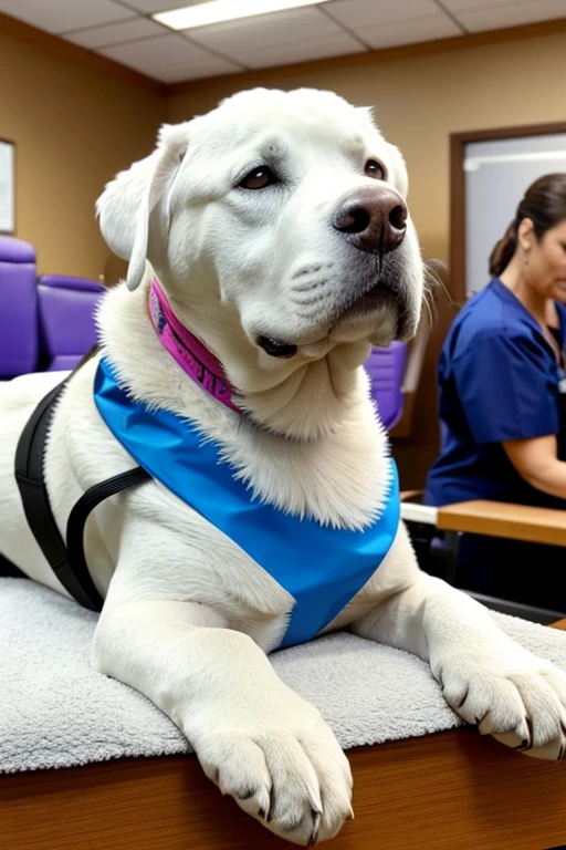 White fur Rottweiler dog with bandana around his neck is lying on a veterinary table Receiving a massage treatment from a woman western nurse specializing in dog health setting canine veterinary clinic.